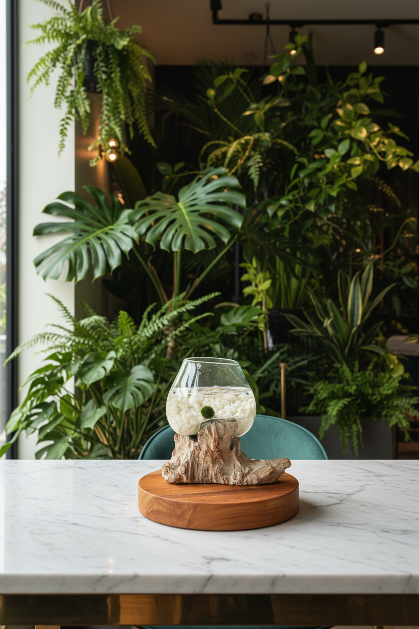 Marimo Moss Ball Ecosistema arreglo único de madera con vidrio fundido