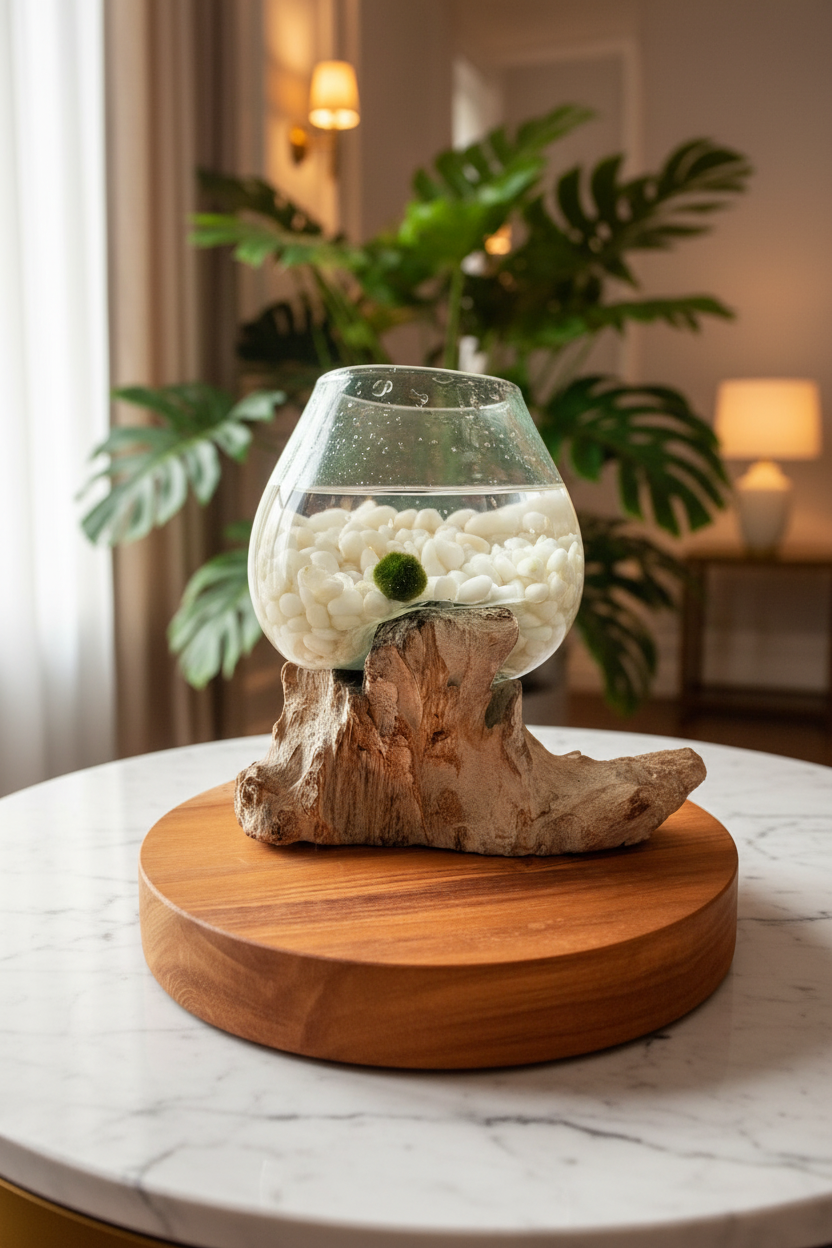 Marimo Moss Ball Ecosistema arreglo único de madera con vidrio fundido