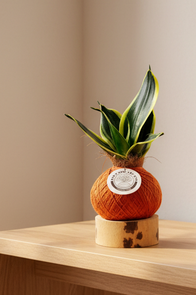 Kokedama sansevieria verde variegada mexicana + base guadua