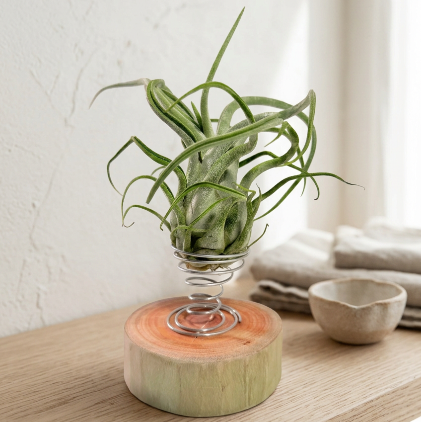Tillandsia Caput medusae + rodaja madera + espiral